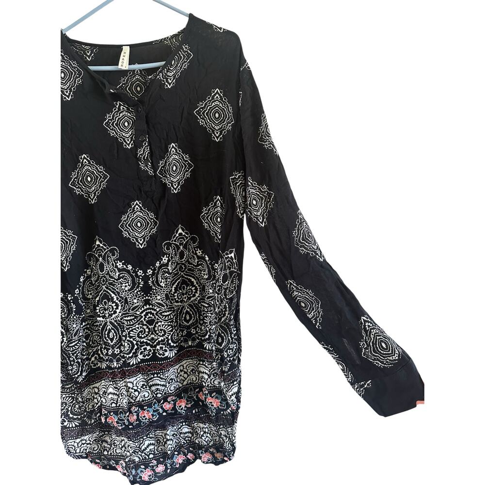 roper tunic top M extra long high low black western blouse longsleeve cowgirl